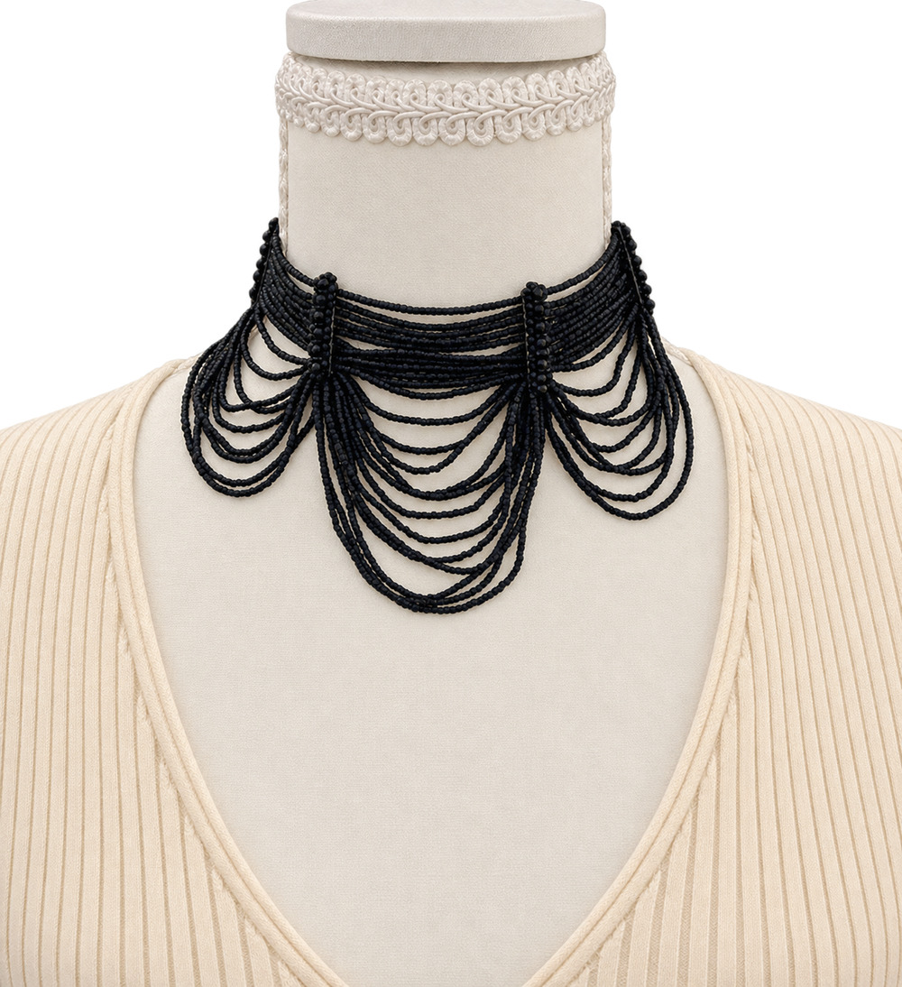 Y2K Black Beaded Waterfall Choker Necklace Gothic Draped Statement Jewelry